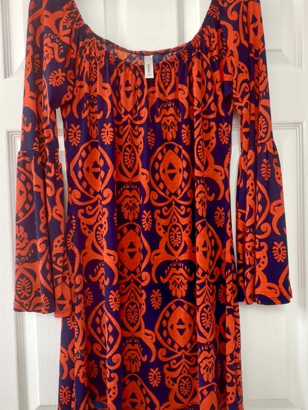 Yahada Women’s Off Shoulder Orange and Purple Patterned Bell Sleeve Dress L